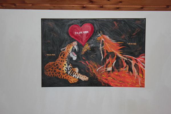 "Säbelzahntiger und Feuerpferd" Acrylfarbe auf 30x40 cm Keilrahmen