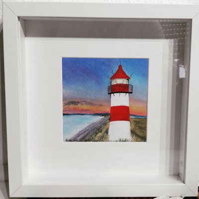 "Leuchtturm von Sylt" Pastellkreide auf 13x13 cm Künstlerpapier im 25x25cm Bilderrahmen
