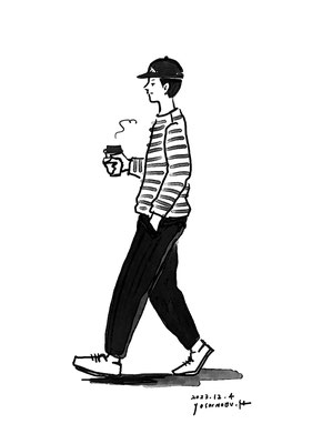 コーヒーを持って歩く青年
