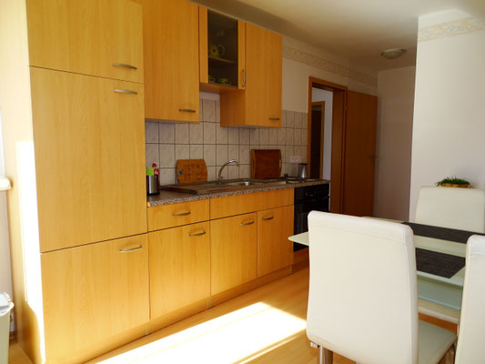 Voll eingerichtete Küche mit Kühlschrank inklusive Gefrierfach und E-Herd mit Backofen