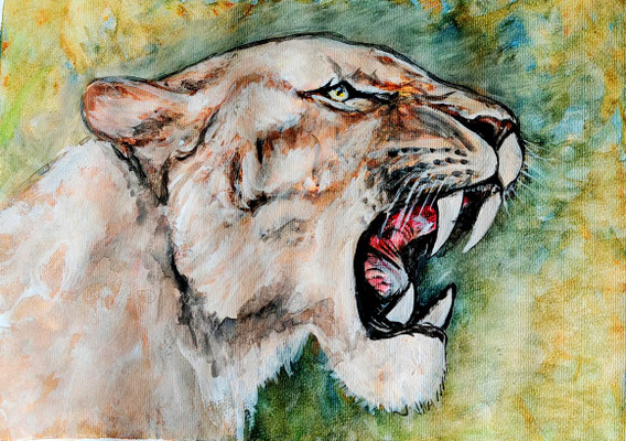 LÖWE Nr.5, 40x30 cm, Acryl auf Aquarellpapier hinter Plexiglas inklusive Rahmen, Preis € 200,-