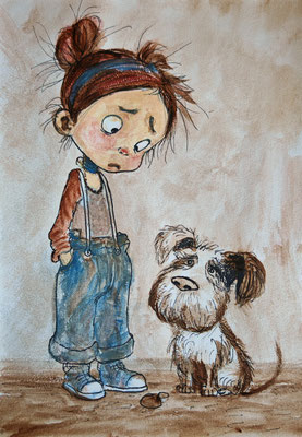 (noch nicht fertiggestellt) - MÄDCHEN MIT HUND Nr.2; 30,5x21,5 cm; Acryl auf Aquarellpapier hinter Plexiglas inklusive Rahmen; Preis € 120,-