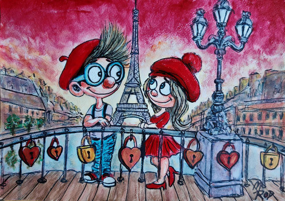 ROMEO & JULIA IN PARIS Nr.1, 21x30 cm, Acryl auf Aquarellpapier hinter Plexiglas inklusive Rahmen (NICHT ERHÄLTLICH) 