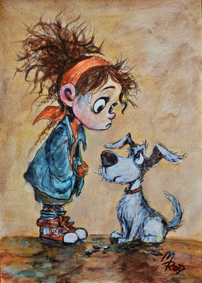 (noch nicht fertiggestellt) - MÄDCHEN MIT HUND Nr.3; 30,5x21,5 cm; Acryl auf Aquarellpapier hinter Plexiglas inklusive Rahmen; Preis € 120,-