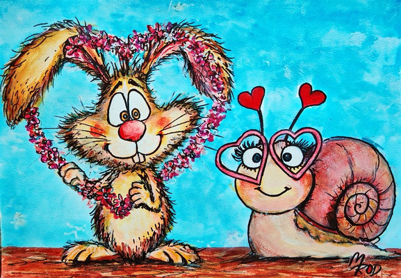 HASENLIEBE Nr.3, 21x30 cm, Acryl auf Aquarellpapier hinter Plexiglas inklusive Rahmen, Preis € 120,-