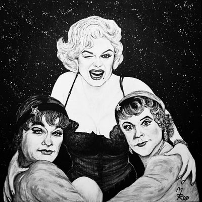 MARILYN MONROE, TONY CURTIS, & JACK LEMMON ("Some like it hot"); 60x60 cm; Gesso auf Leinen mit Schlussfirnis matt; Preis € 300,-