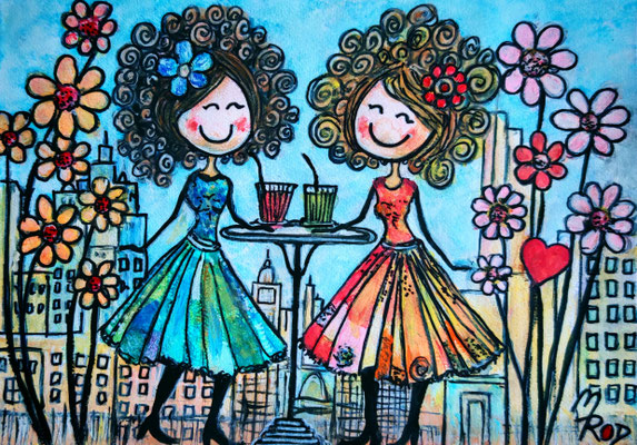 MÄDCHENPARTY Nr.1, 30x21 cm, Acryl auf Aquarellpapier hinter Plexiglas inklusive Rahmen (NICHT ERHÄLTLICH) 