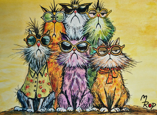 (Bild ist vorreserviert) COOL CATS Nr.1; 30,5x21,5 cm; Acryl auf Aquarellpapier hinter Plexiglas inklusive Rahmen (Original nicht mehr erhältlich) 