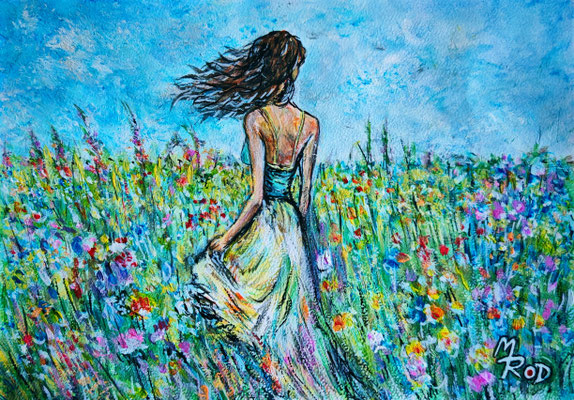 MÄDCHEN IM BLUMENFELD; 30,5x21,5 cm; Acryl auf Aquarellpapier hinter Plexiglas inklusive Rahmen; Preis € 120,-