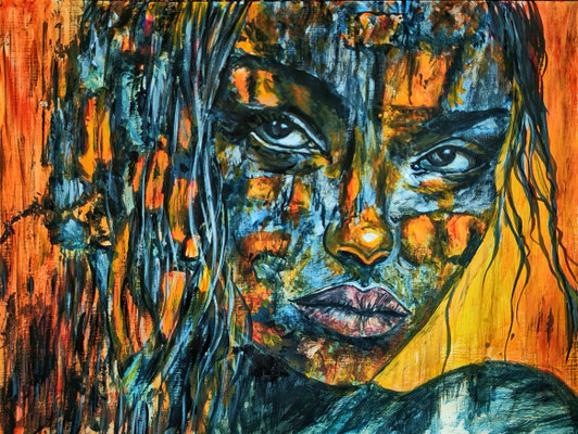KRIEGERIN Nr.1; 43x53 cm; Acryl auf Leinenpapier hinter Klarsichtschutz; gerahmt; Preis € 250,-