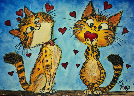 KATZENLIEBE Nr.4, 21x30 cm, Acryl auf Aquarellpapier hinter Plexiglas inklusive Rahmen (NICHT ERHÄLTLICH) 