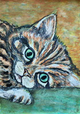 (noch nicht fertiggestellt) KATZE Nr.26, 40x30 cm, Acryl auf Aquarellpapier mit Passepartout hinter Plexiglas inklusive Rahmen, Preis € 180,-