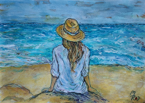 FRAU AM MEER Nr.1; 30,5x21,5 cm; Acryl auf Aquarellpapier hinter Plexiglas inklusive Rahmen (Original nicht mehr erhältlich) 