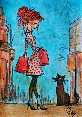 SHOPPING QUEEN Nr.2, 30x21 cm, Acryl auf Aquarellpapier hinter Plexiglas inklusive Rahmen, Preis € 120,- 