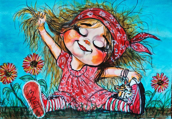 MÄDCHEN MIT ZÖPFEN Nr.5, 21x30 cm, Acryl auf Aquarellpapier hinter Plexiglas inklusive Rahmen, Preis € 120,- 