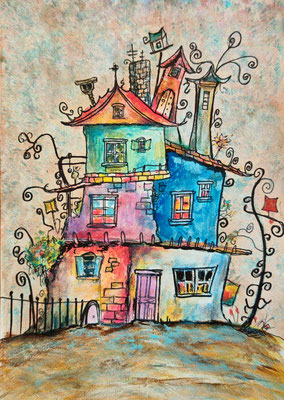 (noch nicht fertiggestellt und bereits vorreserviert) MY HOME IS MY CASTLE Nr.2; 30,5x21,5 cm; Acryl auf Aquarellpapier hinter Plexiglas inklusive Rahmen (Original nicht mehr erhältlich)