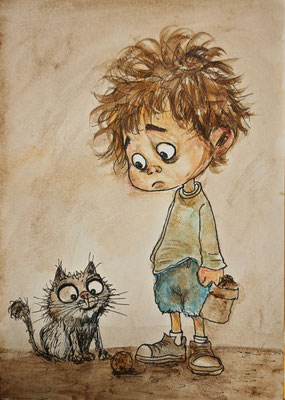 (noch nicht fertiggestellt) - BUB MIT KATZE Nr.1; 30,5x21,5 cm; Acryl auf Aquarellpapier hinter Plexiglas inklusive Rahmen; Preis € 120,-