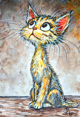 KATZE KIDDY Nr.1, 30x21 cm, Acryl auf Aquarellpapier hinter Plexiglas inklusive Rahmen, Preis € 120,- 