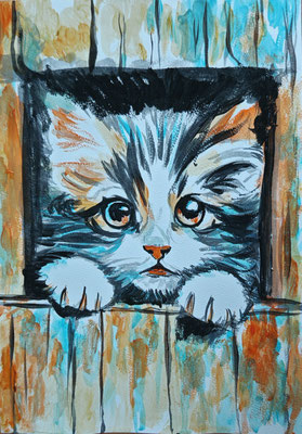 NEU (noch nicht fertiggestellt) - KATZE Nr. ; 30x21 cm; Aquarell inkl. Rahmen und Plexiglas; Preis € 150,-