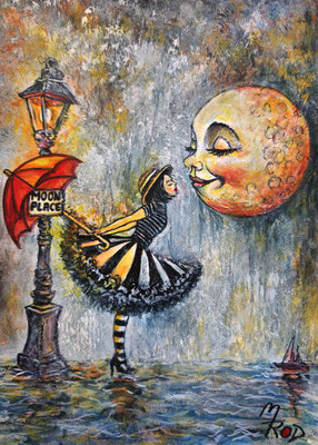 MÄDCHEN AM MONDPLATZ; 30,5x21,5 cm; Acryl auf Aquarellpapier hinter Plexiglas inklusive Rahmen (Original nicht mehr erhältlich) 