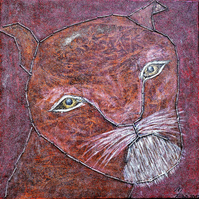  ZÜNDHOLZLÖWE; 60x60 cm; Mixed Media auf Leinen; Preis € 400,-