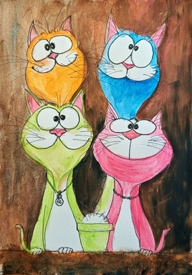 (noch nicht fertiggestellt) - FUNNY CATS Nr.1; 30,5x21,5 cm; Acryl auf Aquarellpapier hinter Plexiglas inklusive Rahmen; Preis € 120,-