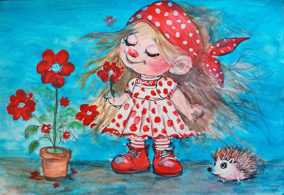 MÄDCHEN MIT BLUME Nr.2, 21x30 cm, Acryl auf Aquarellpapier hinter Plexiglas inklusive Rahmen, Preis € 120,- 