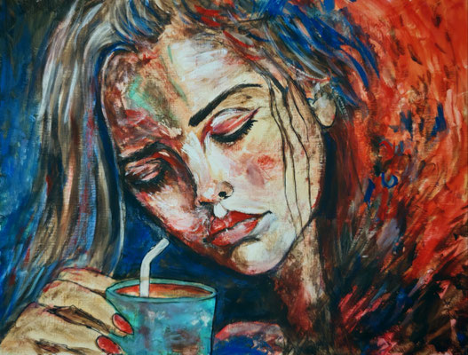 FRAU Nr.2, 30x40 cm, Acryl auf Leinenpapier hinter Plexiglas inklusive Rahmen, Preis € 200,-