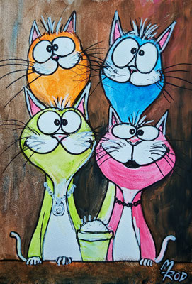 FUNNY CATS Nr.10, 30x21 cm, Acryl auf Aquarellpapier hinter Plexiglas inklusive Rahmen, Preis € 120,-