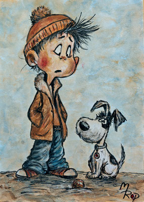 JUNGE MIT HUND Nr.1, 21x30 cm, Acryl auf Aquarellpapier hinter Plexiglas inklusive Rahmen, Preis € 120,-