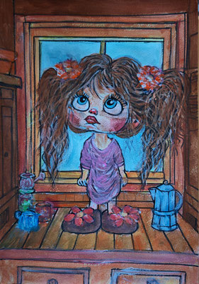 MÄDCHEN MIT ZÖPFEN Nr.6, 30x21 cm, Acryl auf Aquarellpapier hinter Plexiglas inklusive Rahmen, Preis € 120,-