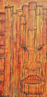 MOLOCH; 80x40 cm; Mixed Media auf Tapete; Preis € 300,-