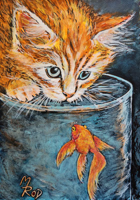 KATZE Nr.43, 30x21 cm, Acryl auf Aquarellpapier hinter Plexiglas inklusive Rahmen (NICHT ERHÄLTLICH)
