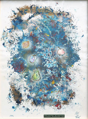 FRÜCHTELEUCHTEN; DIN A4; Lack auf Papier mit Metallrahmen; Preis € 200,-