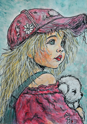 MÄDCHEN MIT HUND Nr.1; 30,5x21,5 cm; Acryl auf Aquarellpapier hinter Plexiglas inklusive Rahmen; Preis € 120,-