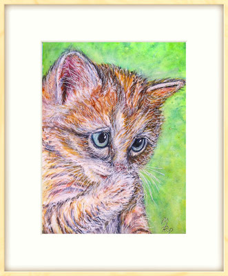 KATZE Nr.18; 51,5x41,5 cm; Aquarell/Gesso mit Passepartout, Plexiglas und Rahmen (Original nicht mehr erhältlich) 