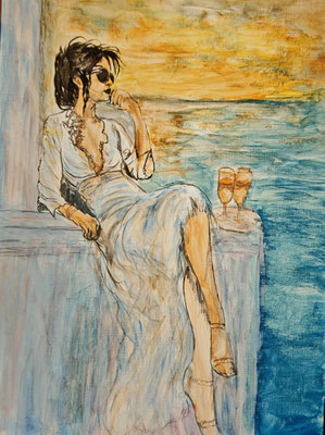 (noch in Arbeit) FRAU AM MEER Nr.3; 40x30 cm; Acryl auf Leinenpapier hinter Plexiglas inklusive Rahmen; Preis € 200,-