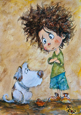 (noch nicht fertiggestellt) - MÄDCHEN MIT HUND Nr.1; 30,5x21,5 cm; Acryl auf Aquarellpapier hinter Plexiglas inklusive Rahmen; Preis € 120,-