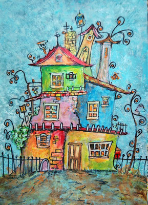 (noch nicht fertiggestellt und bereits vorreserviert) MY HOME IS MY CASTLE Nr.2; 30,5x21,5 cm; Acryl auf Aquarellpapier hinter Plexiglas inklusive Rahmen (Original nicht mehr erhältlich)