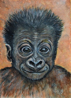 GORILLA-BABY Nr.1; 51,5x41,5 cm; Aquarell/Gesso mit Passepartout und Rahmen