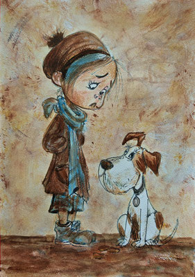 (noch nicht fertiggestellt) - MÄDCHEN MIT HUND Nr.4; 30,5x21,5 cm; Acryl auf Aquarellpapier hinter Plexiglas inklusive Rahmen; Preis € 120,-