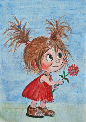 MÄDCHEN MIT ZÖPFEN Nr.7, 30x21 cm, Acryl auf Aquarellpapier hinter Plexiglas inklusive Rahmen, Preis € 120,- 