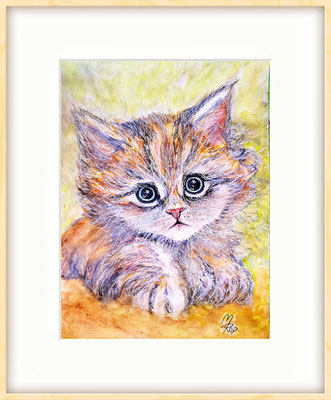 KATZE Nr.21; 51,5x41,5cm; Aquarell/Gesso mit Passepartout, Plexiglas und Rahmen; Preis € 200,-