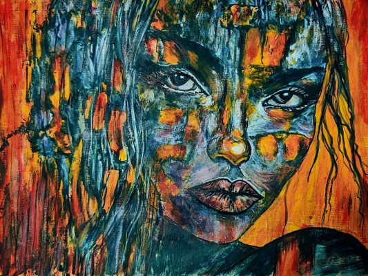 KRIEGERIN Nr.1; 31x41 cm; Acryl auf Leinenpapier hinter Klarsichtschutz; gerahmt; Preis € 250,-