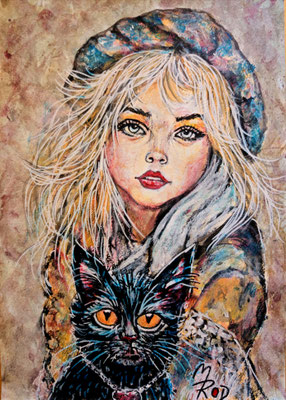 MÄDCHEN MIT HUT Nr.3, 30x21 cm, Acryl auf Aquarellpapier hinter Plexiglas inklusive Rahmen (NICHT ERHÄLTLICH) 