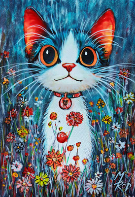 KATZE IM BLUMENFELD Nr.1, 30x21 cm, Acryl auf Aquarellpapier hinter Plexiglas inklusive Rahmen (NICHT ERHÄLTLICH) 