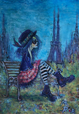 MÄDCHEN AUF BANK, 30x21 cm, Acryl auf Aquarellpapier hinter Plexiglas inklusive Rahmen, Preis € 120,-