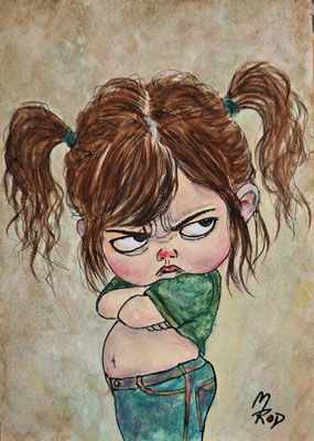 MÄDCHEN MIT ZÖPFEN Nr.1, 30x21 cm, Acryl auf Aquarellpapier hinter Plexiglas inklusive Rahmen (NICHT ERHÄLTLICH) 