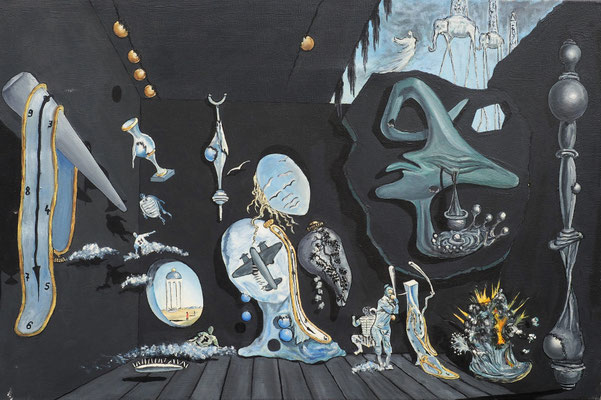  MELANCHOLISCHE ATOM- UND URANIDYLLE (nach Salvador Dali); 50x70 cm; Öl auf Leinen (Original nicht mehr erhältlich) 