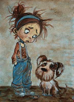 (noch nicht fertiggestellt) - MÄDCHEN MIT HUND Nr.2; 30,5x21,5 cm; Acryl auf Aquarellpapier hinter Plexiglas inklusive Rahmen; Preis € 120,-